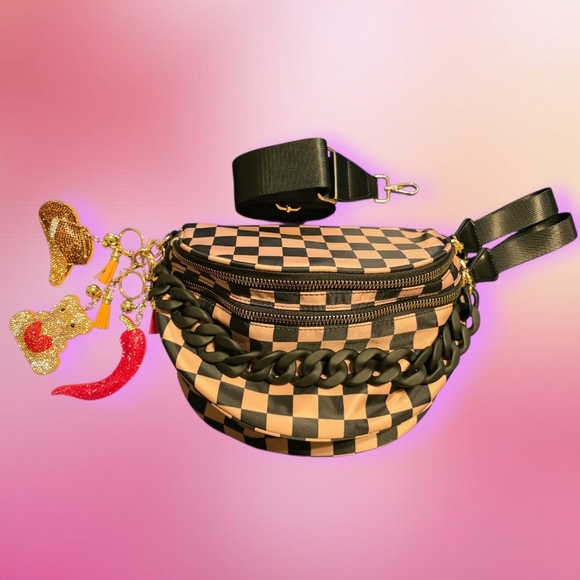 charmed by slg Handbags - Bum Bag Bundle Deal | Checkered Nylon Crossbody + Acrylic Chain & 3 Bag Charms